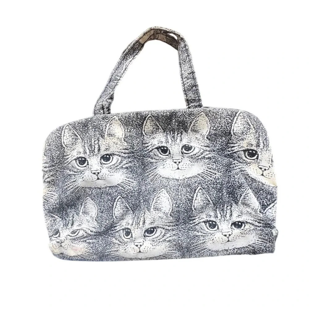 Vintage Cat Print Toiletry Bag Travel Organizer Makeup Case Black White Canvas